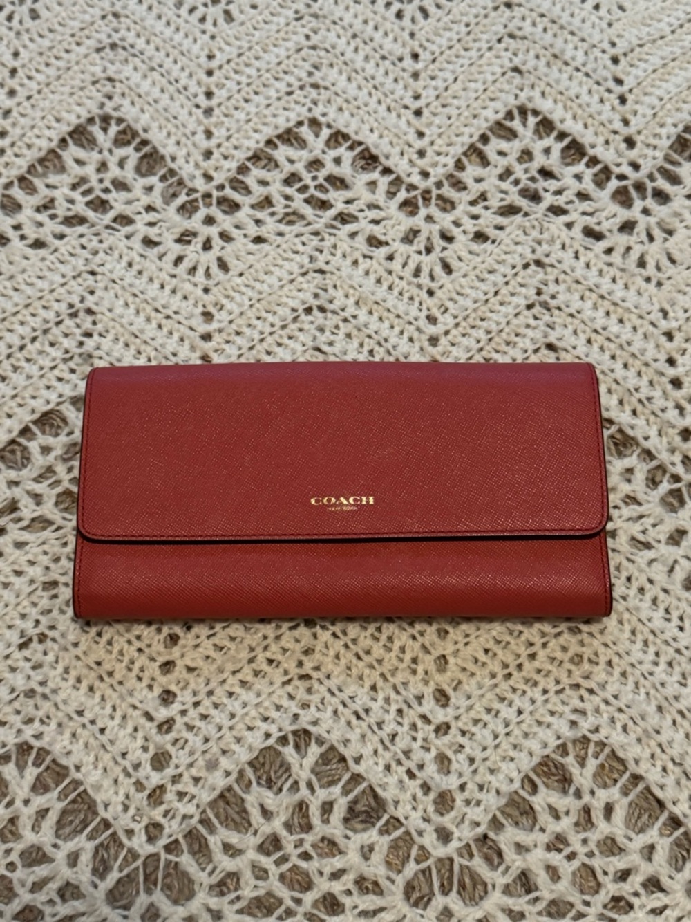 Coach Slim Envelope Long Flap Wallet Coral/Sunset Red Leather Gold Details